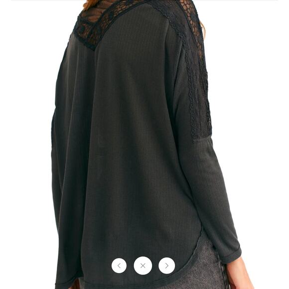 Free People Black Lace Trim Ribbed V Neck‎ Long Sleeve Top Blouse Shirt Sz Small - Picture 3 of 9